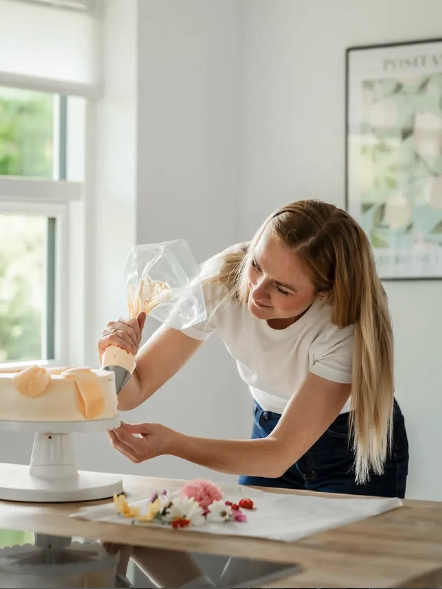 Michelle Olsen dekorerer en håndlavet kage i sit køkken i Kerteminde